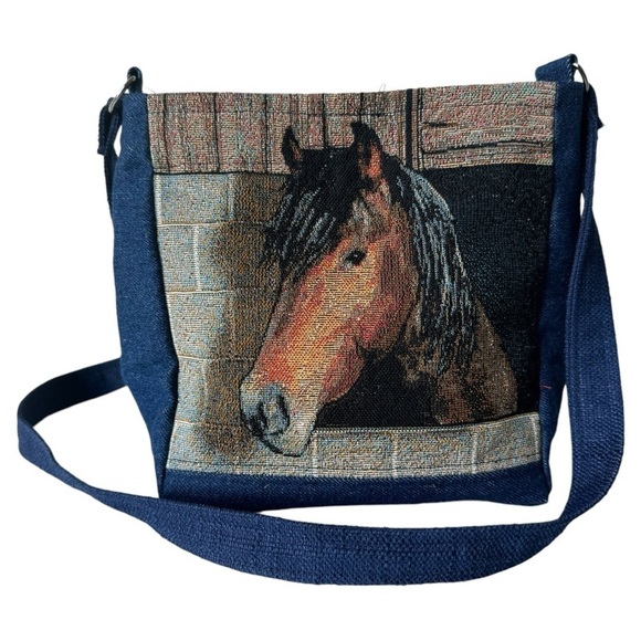 Handbags - Handmade Fabric Horse Crossbody Shoulder Bag Blue Cotton Floral Interior
